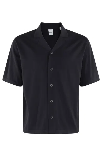 Aspesi Short-sleeved Cotton Knit Shirt With Pointed Collar In Blue