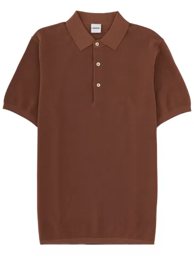 Aspesi Short-sleeved Polo Shirt In Garment-dyed Pique Stitch Cotton In Brown