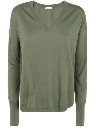 Aspesi Ribbed V-neck Knit Top In Green