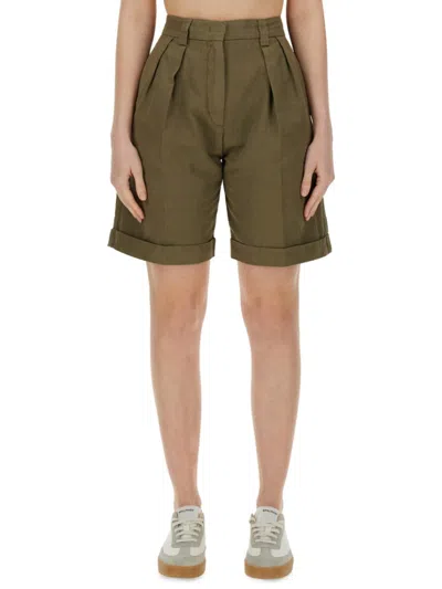 Aspesi Tailored High-waisted Cotton-linen Shorts With Pleated Front In Green