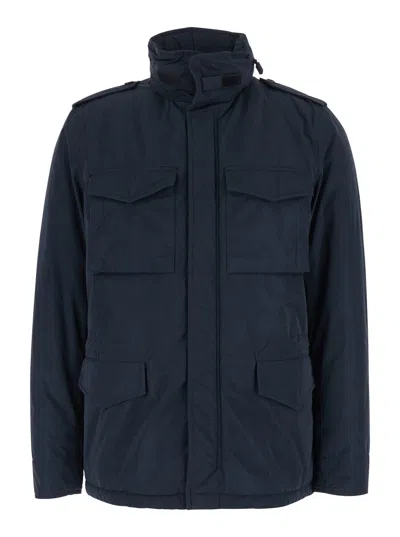 Aspesi Tech Fabric Front-zip Jacket With High Collar And Side Zip Pockets In Blue