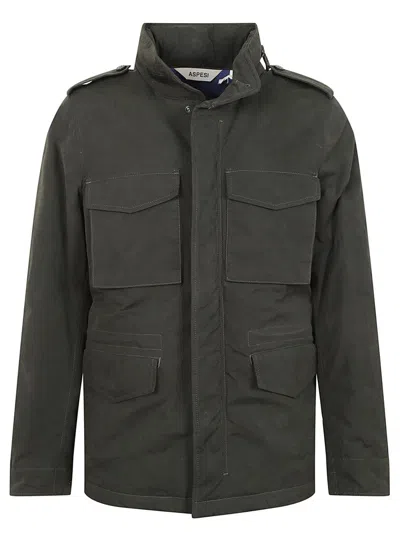 ASPESI THERMAL-PADDED DARK GREEN COTTON BLEND JACKET WITH REMOVABLE HOOD