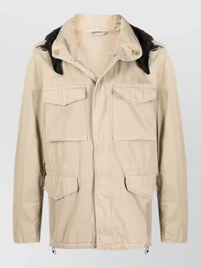 Aspesi Utility Jacket Adjustable Waist Epaulettes High Collar In Neutral
