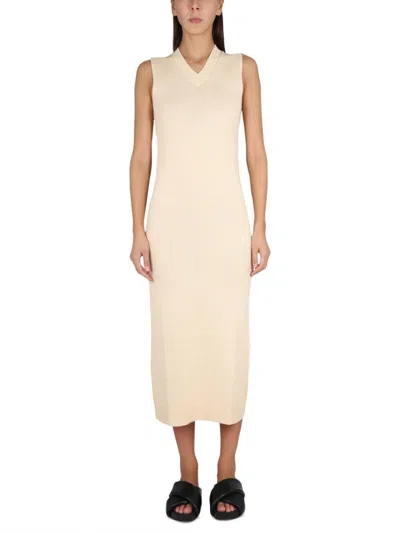 Aspesi V-neck Long Dress With Ribbed Edges In White