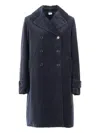 Aspesi Double-breasted Long Coat With Velvety Texture In Blue