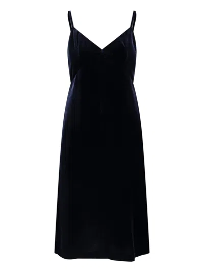 Aspesi Velvet Midi Dress With V-neck And Thin Straps In Blue
