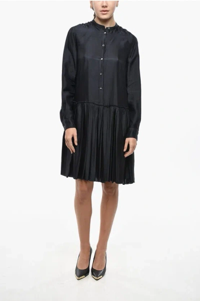 Aspesi Viscose Satin Shirt Dress With Pleated Skirt In Black