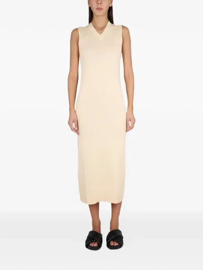 Aspesi V-neck Long Dress With Ribbed Edges In White
