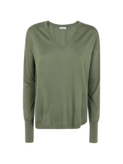 Aspesi Ribbed V-neck Knit Top In Green