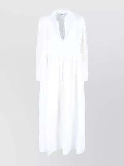 Aspesi Waist Gathered Pleated V-neckline Long Sleeves Dress In White