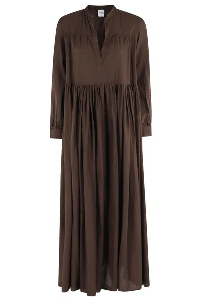 Aspesi Wide Poplin Maxi Dress With V-neck In Marrone
