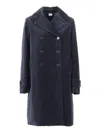 Aspesi Double-breasted Long Coat With Velvety Texture In Blue