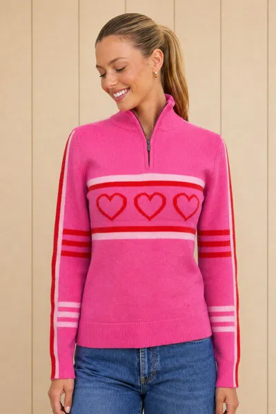 Aspiga , Ethical Ladies Merino Wool Stripe Hearts Quarter Zip, Pink Red