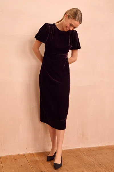 Aspiga Ladies Dulcie Velvet Puff Sleeve Dress Purple Winter Wedding Occasion Event | L/14 - (uk 14/us 10/eu