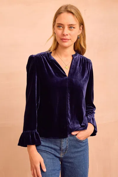 Aspiga Ladies Ethical Astrid Velvet V-neck Fluttered Sleeve Top Navy In Blue