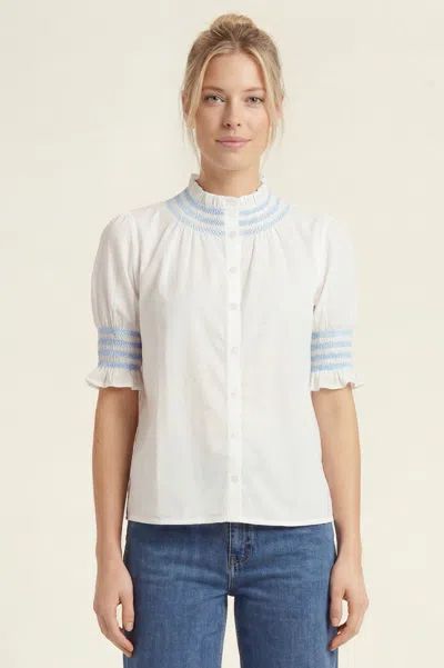 Aspiga Ladies Ethical Embroidered Smocked Short Sleeve Blouse White Cornflower