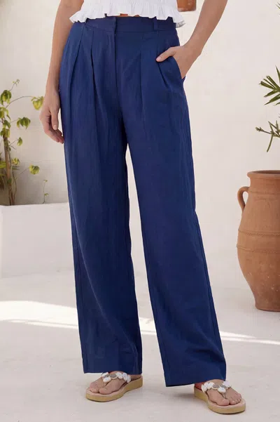 Aspiga Ladies Ethical Pleat Front Linen Blend Trouser Smart Casual Navy In Blue