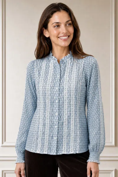 Aspiga Ladies Ethical Vienna Long Stripe Cotton Blouse Ice Blue/off White