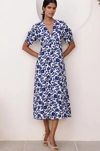 Aspiga Ladies Sustainable Anne Ecovero Tea Viscose Summer Evening Dress Floral Printed Cream Navy Blue | S/