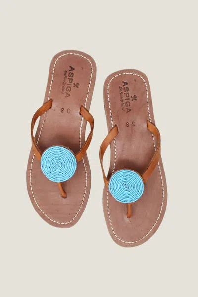 Aspiga Ladies Sustainable Beaded Handmade Sandals Leather And Glass Turquoise Blue | 40
