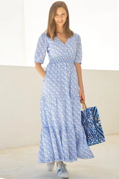 Aspiga Ladies Sustainable Billie Short Sleeve Cotton Summer Printed Dress White Blue | Xl/16 - (uk 16/us 12