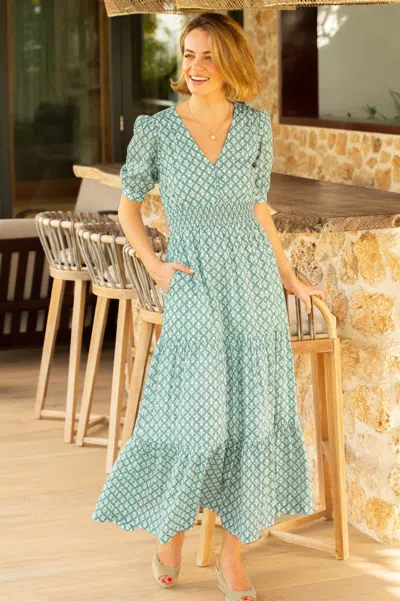 Aspiga Ladies Sustainable Billie Short Sleeve Organic Cotton Summer Evening Dress Sage Green White | Xs/8 -