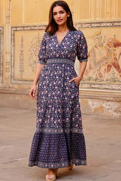 Aspiga Ladies Sustainable Billie Short Sleeve Organic Cotton Summer Holiday Wedding Guest Evening Dress Nav In Blue