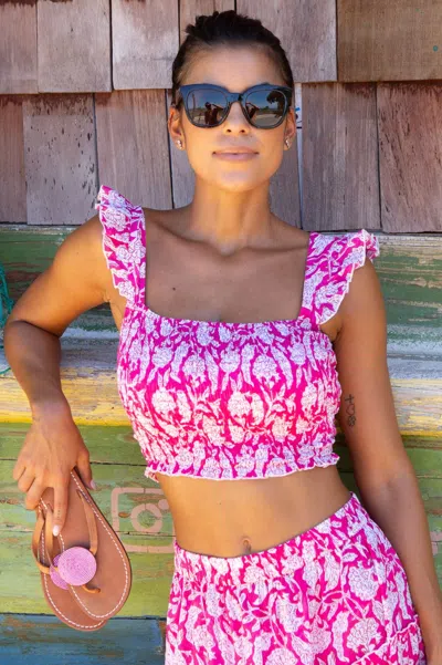 Aspiga Ladies Sustainable Bryony Shirred Top Cotton Floral Dianthus Pink White Summer Holiday Co Ord | S/10