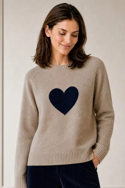 Aspiga Ladies Sustainable Cashmere Crew Neck Heart Jumper In Oat/navy