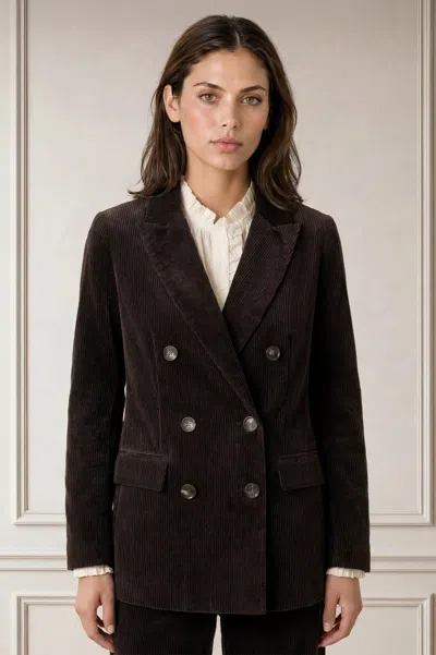 Aspiga Ladies Sustainable Double Breasted Corduroy Blazer In Chocolate Brown Christmas Party