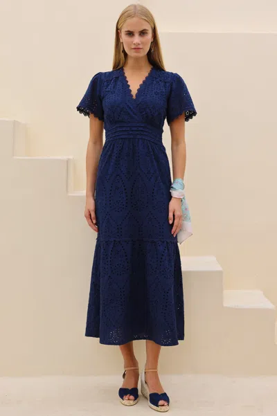 Aspiga Ladies Sustainable Edie Cotton Broderie Navy Midi Weddings Guest Dress 100% Cotton In Blue