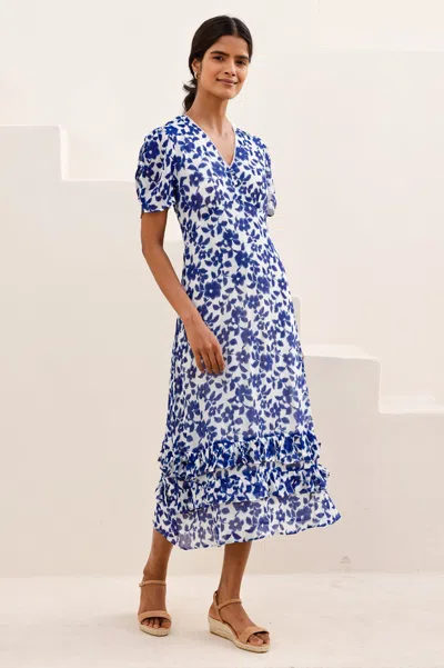Aspiga Ladies Sustainable Ellery Summer Holiday Wedding Guest Evening Dress Floral Printed Cream White Navy In Blue