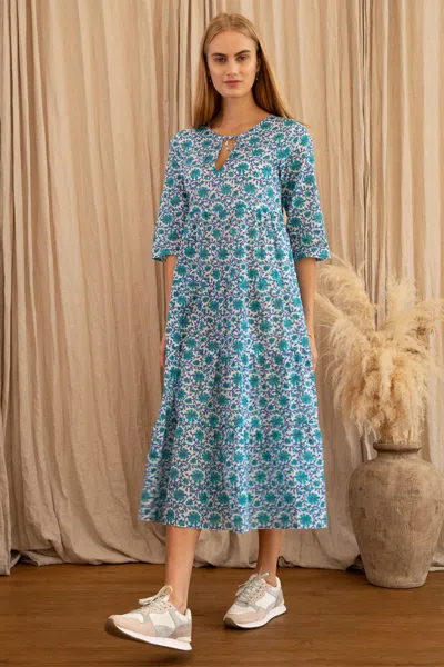 Aspiga Ladies Sustainable Emma Dress Organic Cotton Floral Dianthus Print Blue White Summer | M/12 - (uk 12