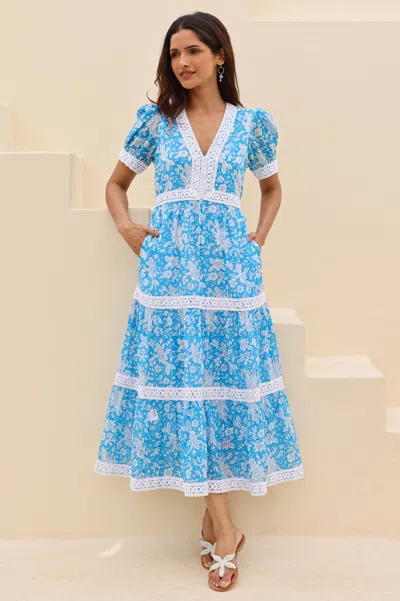 Aspiga Ladies Sustainable Enny Organic Cotton Short Sleeve Midi Blue Wedding Guest Dress | Xl/16 - (uk 16/u