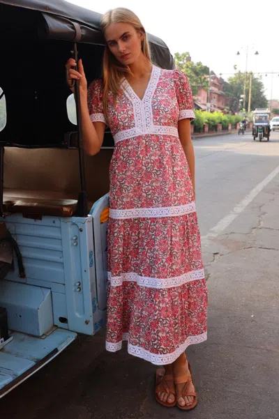 Aspiga Ladies Sustainable Enny Organic Cotton Short Sleeve Midi Pink Pattern Summer Wedding Guest Dress | X