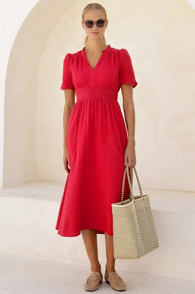 Aspiga Ladies Sustainable Esha Organic Cotton Cheesecloth Red Midi Dress | Xl/16 - (uk 16/us 12/eu 44) | Re