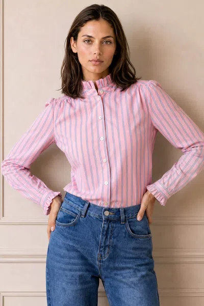 Aspiga Ladies Sustainable Frill Collar Stripe Blouse Pink/white/blue