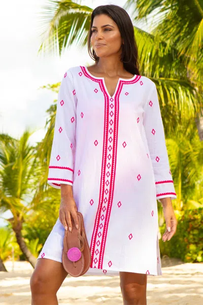Aspiga Ladies Sustainable Guadalupe Embroidered Organic Cotton Short Pink Beach Tunic | Xs/8- (uk 8/us 4/eu In White