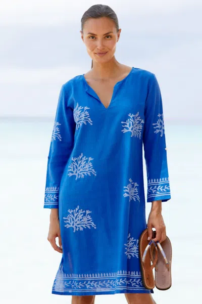 Aspiga Ladies Sustainable Guadalupe Short Tunic Dress Organic Cotton Summer Holiday Beach Cover Up Blue Whi