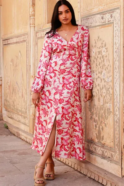 Aspiga Ladies Sustainable Hannah Satin Viscose V Neck Long Sleeve Summer Wedding Guest Dress Floral Printed In Multi
