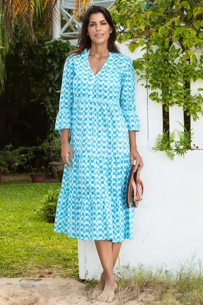 Aspiga Ladies Sustainable Hayden Organic Cotton Block Print Dress Buti Turquoise/blue | L/14 - (uk 14/us 10