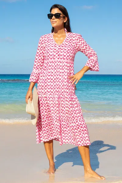 Aspiga Ladies Sustainable Hayden Organic Cotton Block Print Pink Summer Dress | Xl/16 - (uk 16/us 12/eu 44)