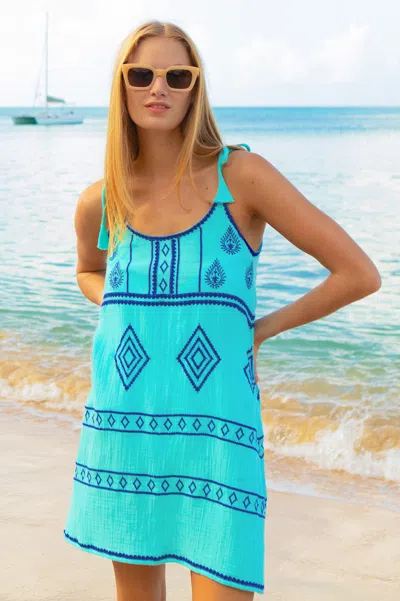 Aspiga Ladies Sustainable Imogen Embroidered Patterned Dress White Navy Tie Strap Summer Beach Cover Up In Blue