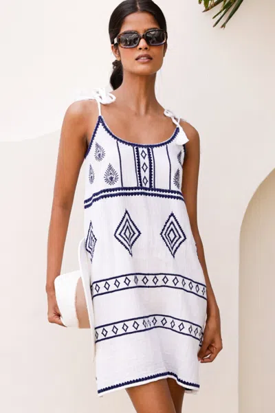 Aspiga Ladies Sustainable Imogen Embroidered Patterned Dress White Navy Tie Strap Summer Beach Cover Up | L In Multi