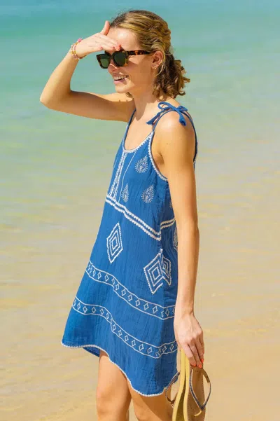Aspiga Ladies Sustainable Imogen Tie Tassel Strap Dress Organic Cotton Summer Holiday Mini Blue Embroidered