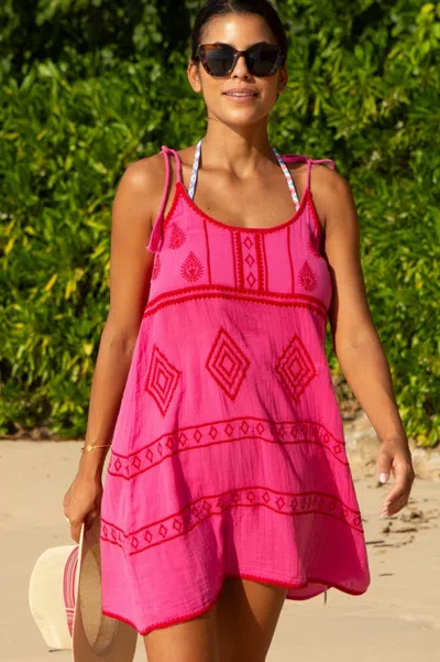 Aspiga Ladies Sustainable Imogen Tie Tassel Strap Dress Organic Cotton Summer Holiday Pink Embroidered Red 