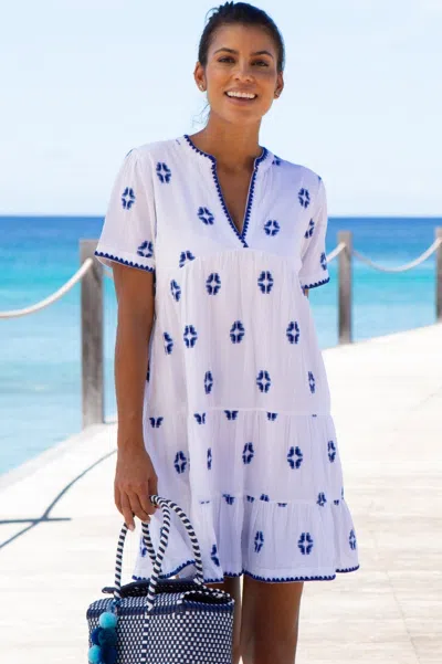 Aspiga Ladies Sustainable India Embroidered Dress Organic Cotton Short Sleeve Beach Cover Up Mini Summer Ho In Blue