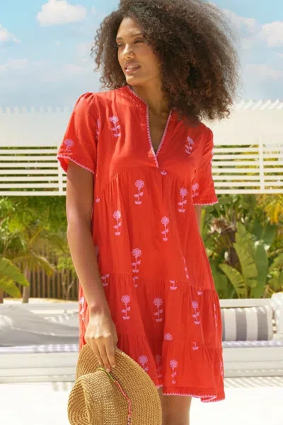 Aspiga Ladies Sustainable India Embroidered Dress Organic Cotton Short Sleeve Beach Cover Up Summer Holiday In Red