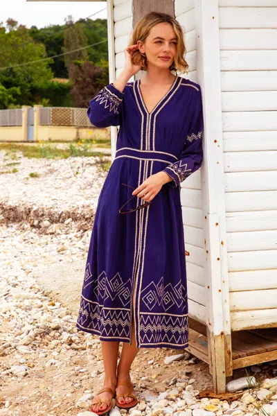 Aspiga Ladies Sustainable Jamila Embroidered Dress Organic Cotton Summer Holiday Blue White | M/12 - (uk 12