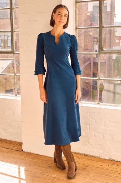 Aspiga Ladies Sustainable Jocelyn V-neck 3/4 Sleeve Corduroy Organic Cotton Dress Blue | Xxl/18 - (uk 18/us